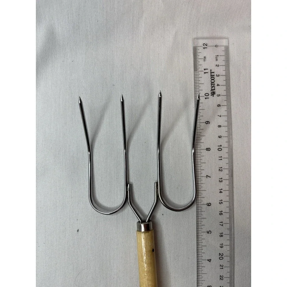 Four-Pronged Meat Fork with Wood Handle, Leather Strap, Approx. 10in